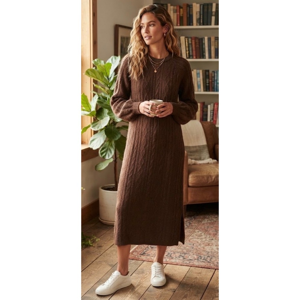 Show Me Your Mumu Barb Sweater Dress Chocolate Cable Knit Midi Brown XS MF4-5160